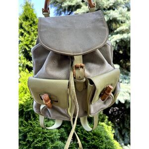 BUTI Italy- Vtg Green Suede and Leather Backpack w/ Bamboo Accents